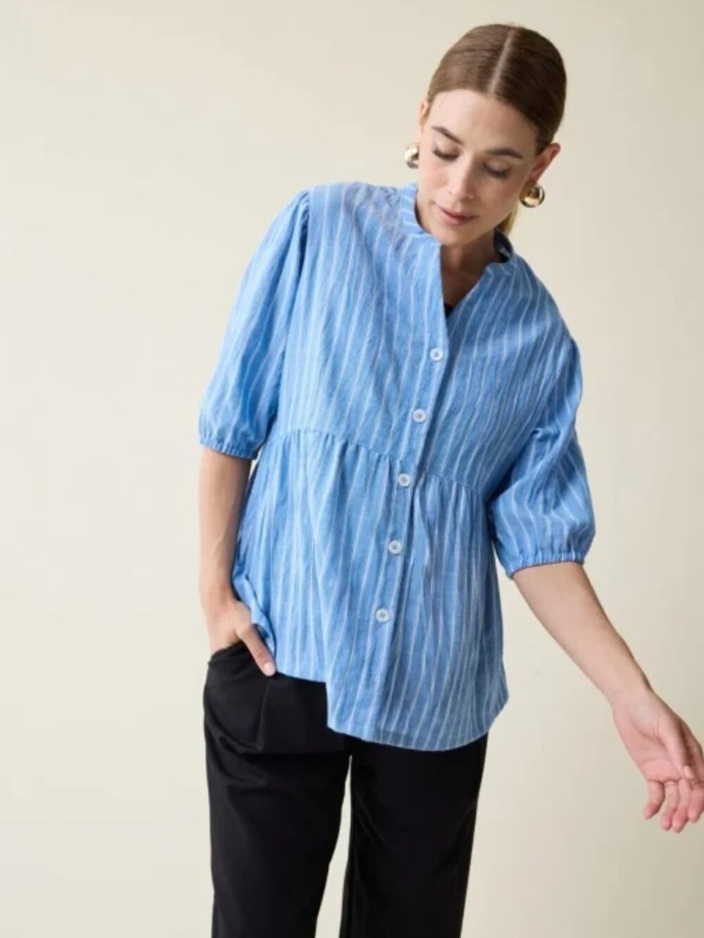 Ingrid+Isabel Maternity and Nursing Peplum Top Blue and White Striped S NWT